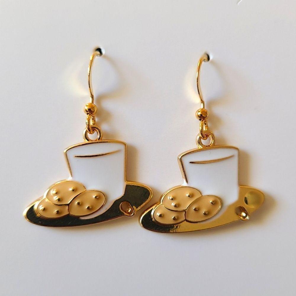 New Hand Crafted Cookies & Milk Christmas Cute Dangle Earrings 18k Gold Plated